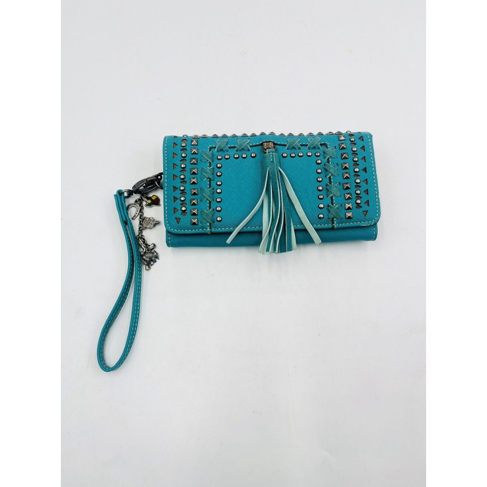 Montana West Blue Wallet/Hand Bag Gem Design W/ Charms 7.5”